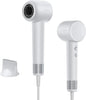 White hair dryer with attachments on a white background