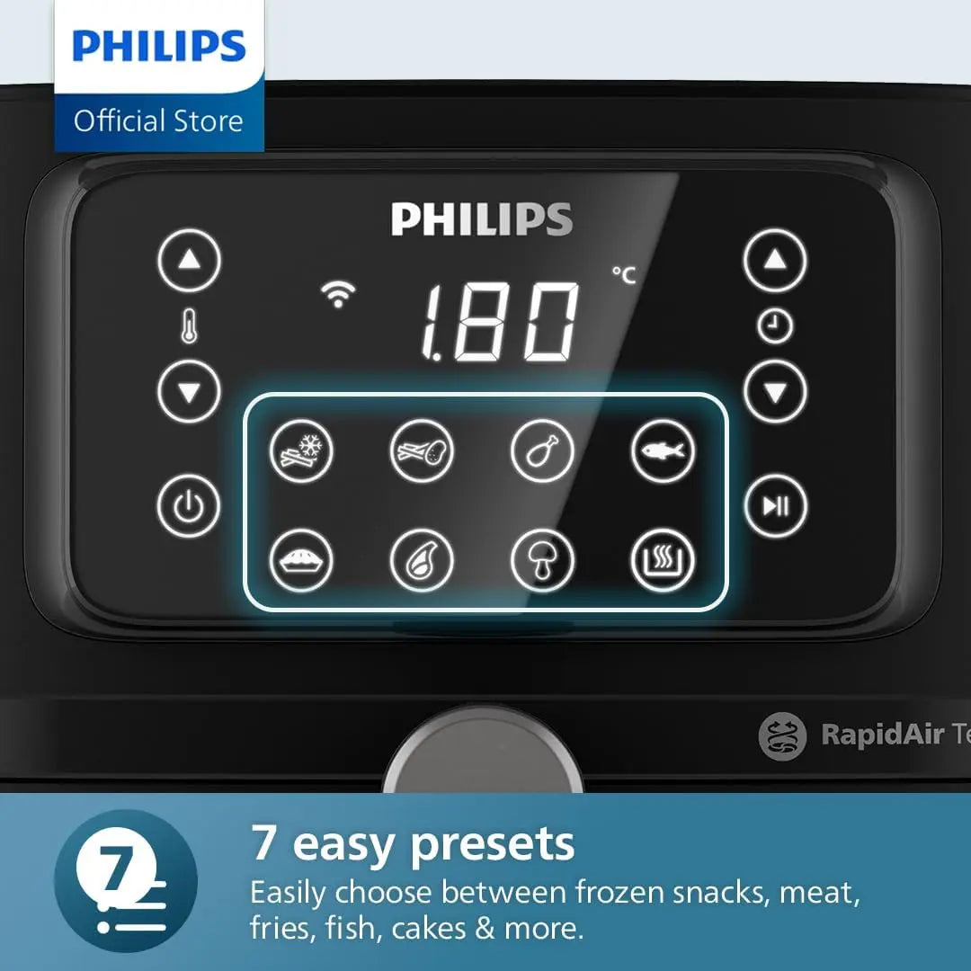 Philips kitchen appliance control panel with digital display and preset icons.