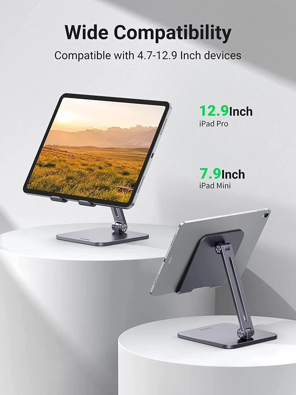 Tablet stand with compatibility for 12.9-inch iPad Pro and 7.9-inch iPad Mini on a white background.