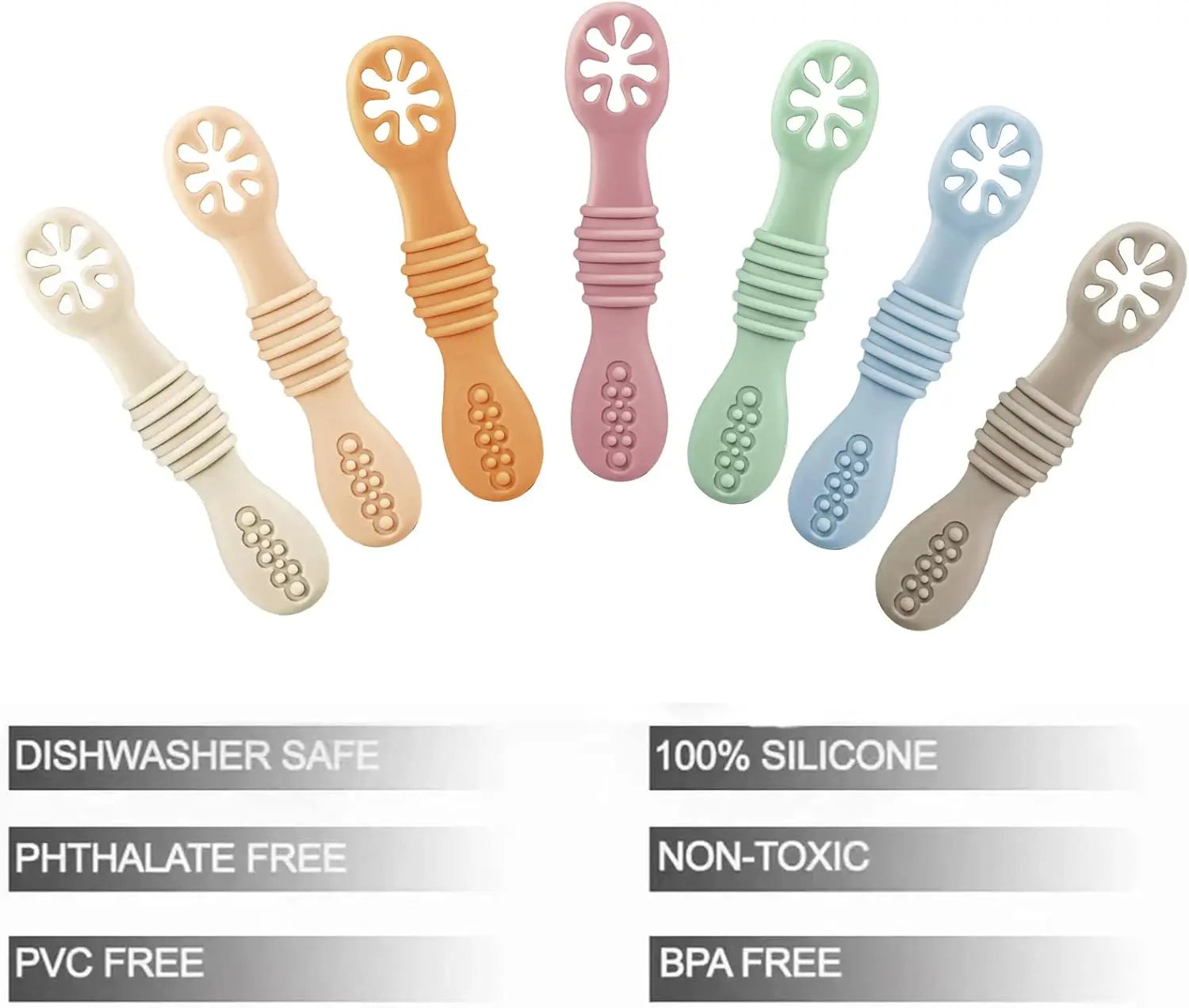 Set of colorful silicone baby spoons on a white background with product features listed below.