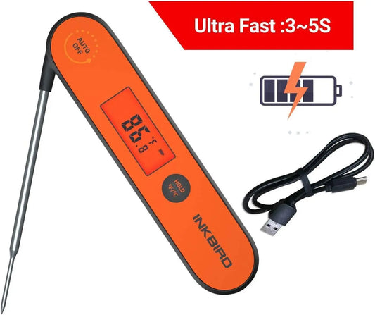 Orange digital thermometer with USB cable on a white background