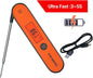Orange digital thermometer with USB cable on a white background