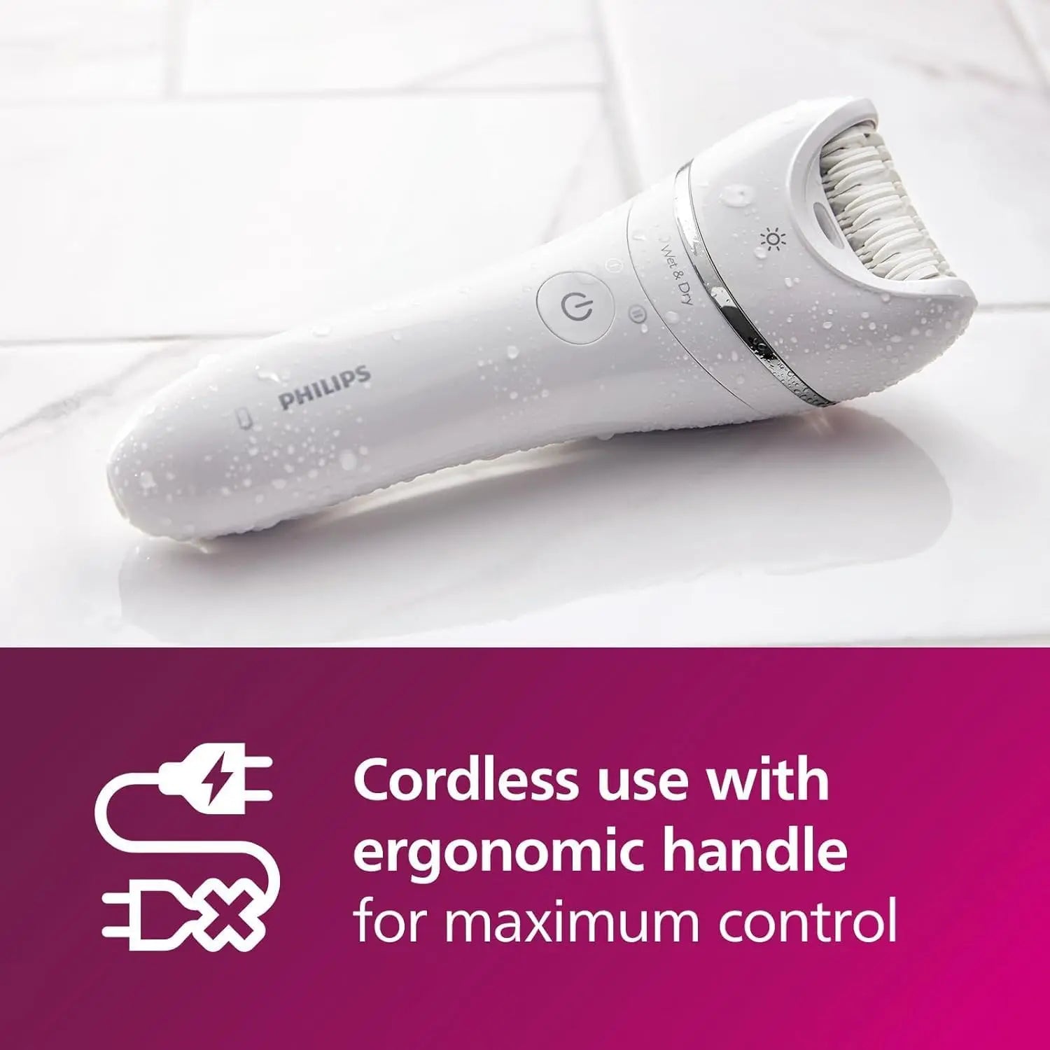 Philips epilator on a white background with text about cordless use and ergonomic handle.