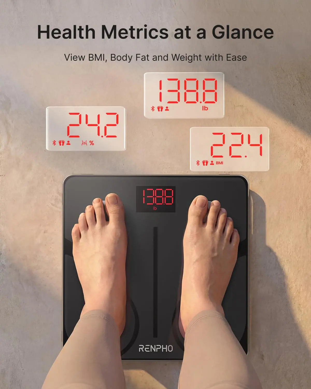 Person standing on a RENPHO smart scale with health metrics displayed.