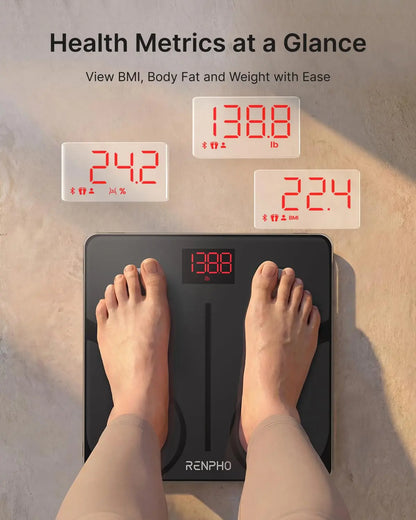 Person standing on a RENPHO smart scale with health metrics displayed.