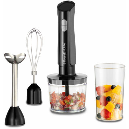 Russell Hobbs hand blender with attachments and a glass container of fruit salad on a white background