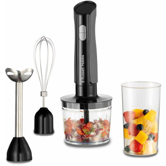 Russell Hobbs hand blender with attachments and a glass container of fruit salad on a white background