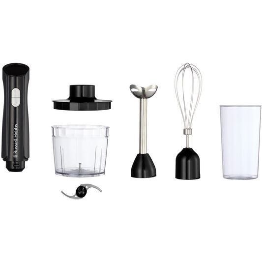 Set of kitchen tools including a hand blender, whisk, and other attachments on a white background