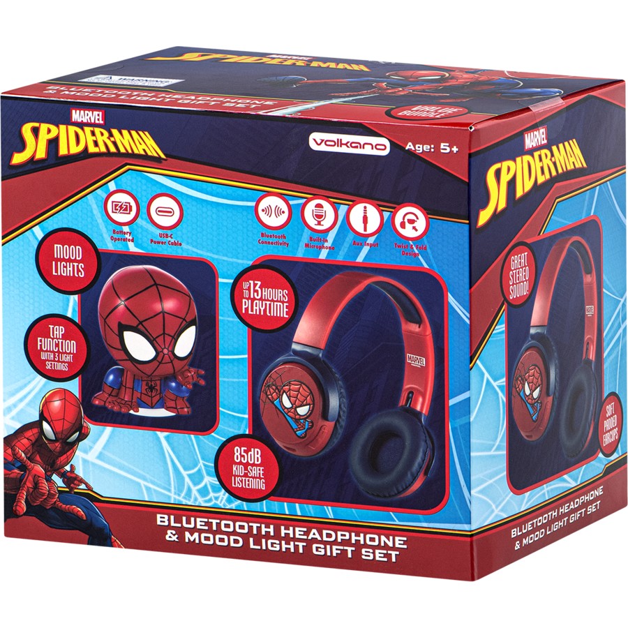 Spider‑Man Bluetooth Headphones 85dB Kid Safe + Mood Light Gift Set Marvel AU BIG Av8Store