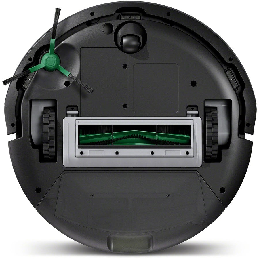 Back view of a Roomba robot vacuum cleaner with navigation system on a white background
