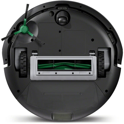 Back view of a Roomba robot vacuum cleaner with navigation system on a white background