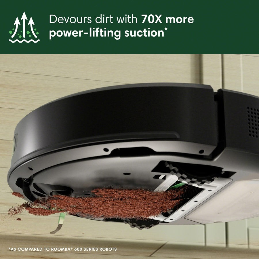 Robotic vacuum cleaner with dirt collection feature on a wooden floor, highlighting power-lifting suction.