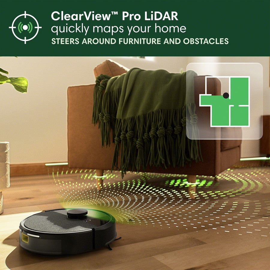 Robot vacuum cleaner with ClearView Pro LiDAR technology mapping a home interior.