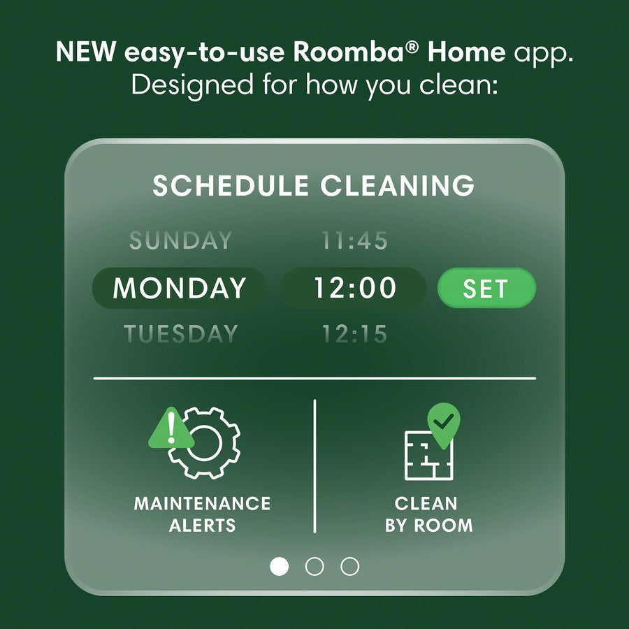 Roomba Home app interface for scheduling cleaning on a green background