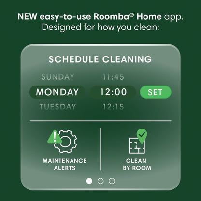 Roomba Home app interface for scheduling cleaning on a green background