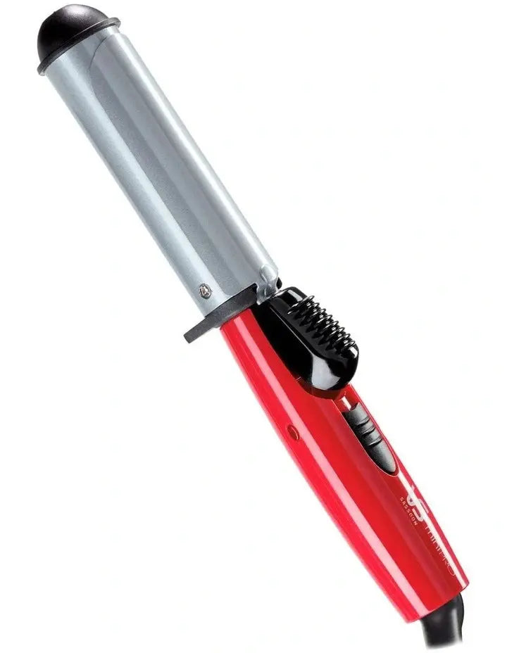 Red and silver hair curler on a white background
