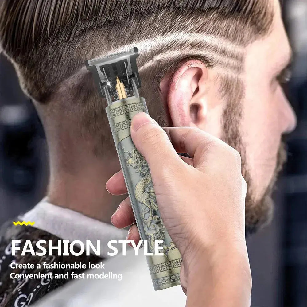 Person using a hair trimmer with text 'Fashion Style' on a blurred background