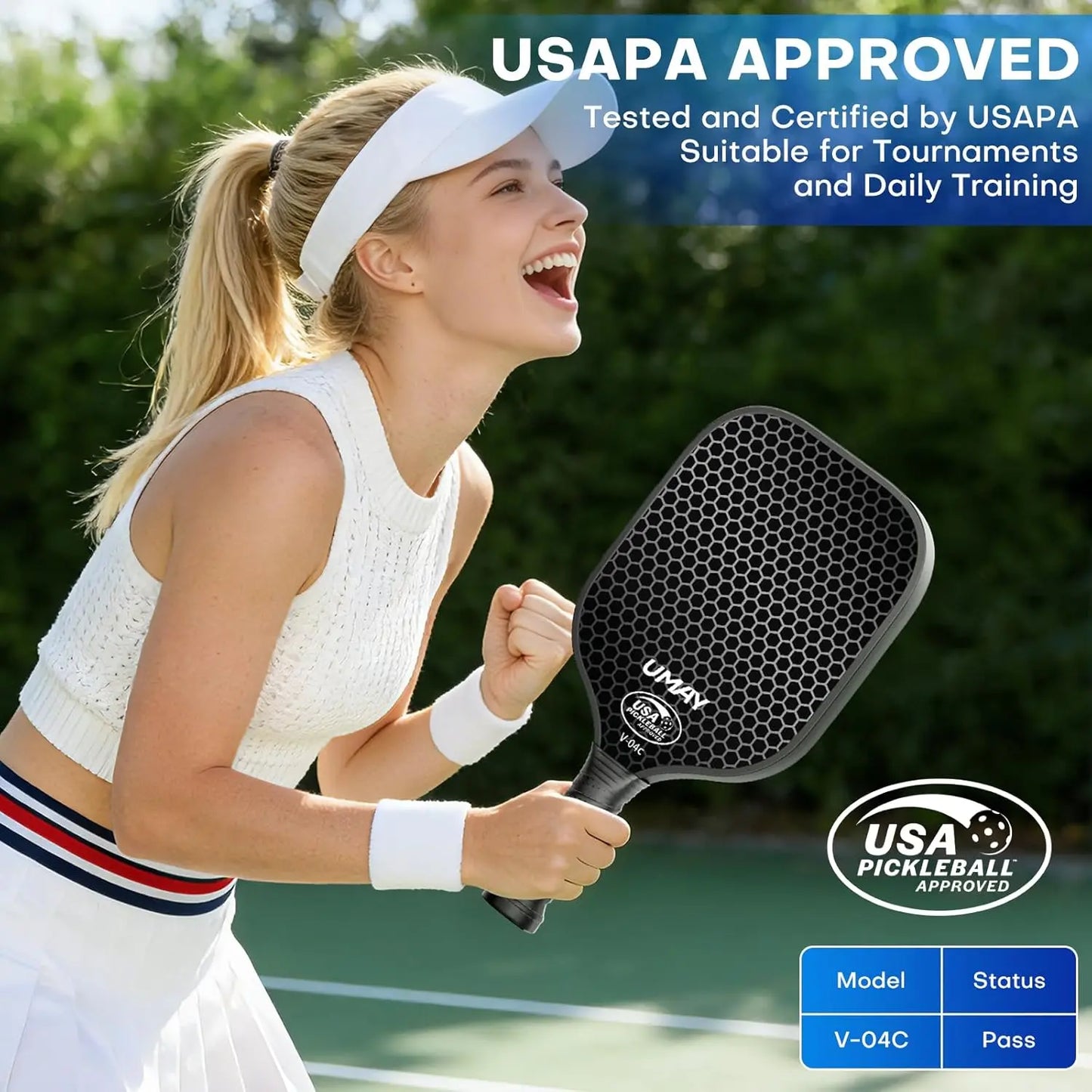 Woman playing pickleball with a USAPA approved paddle on a court