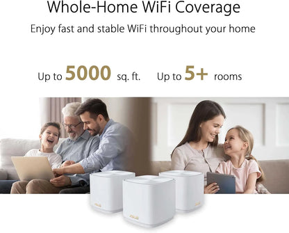 Advertisement for whole-home WiFi coverage with family using devices and multiple WiFi routers.