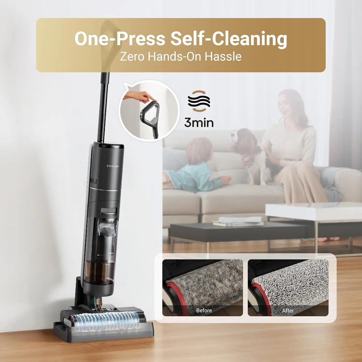 Vacuum cleaner with self-cleaning feature in a living room setting