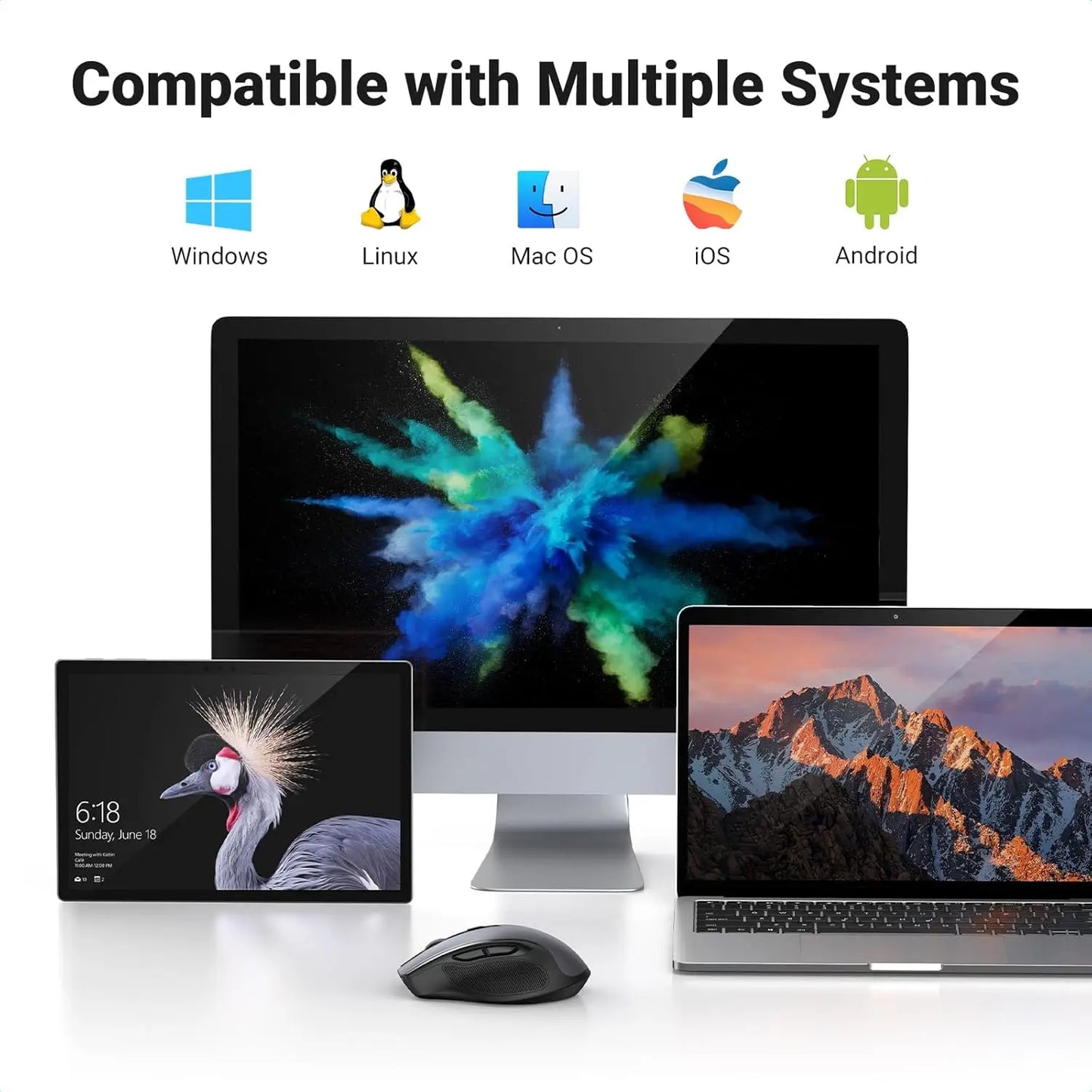 Multimedia devices including a monitor, tablet, and laptop with compatibility icons for Windows, Linux, Mac OS, iOS, and Android.