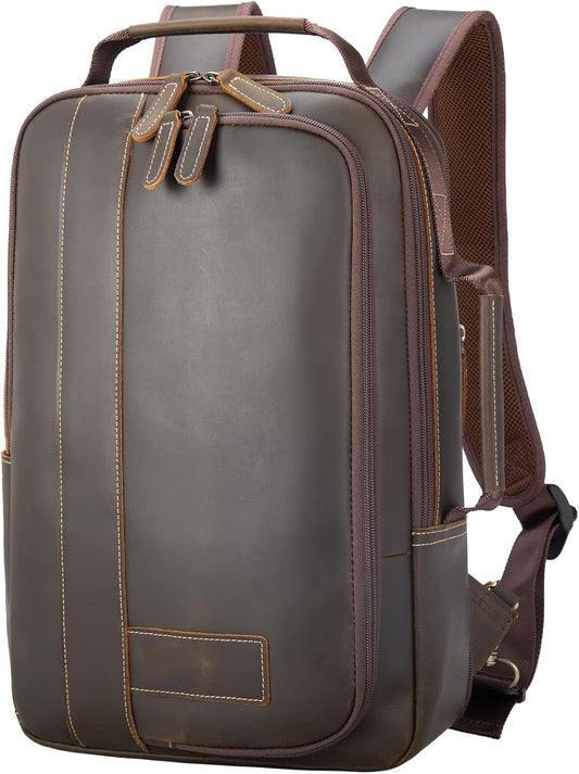Brown leather backpack on a white background