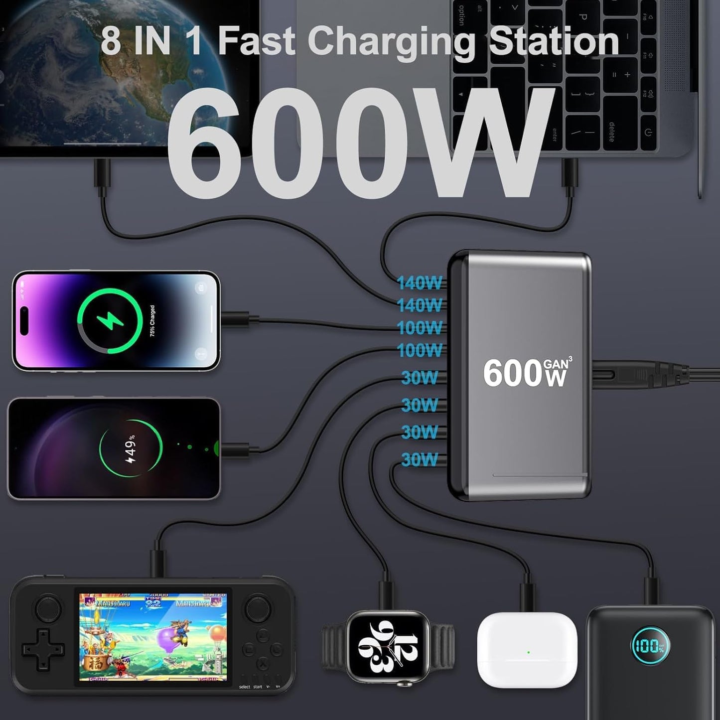 600W GaN USB-C Charging Station – 8-Port (5x USB-C + 3x USB-A) PD 3.1 140W