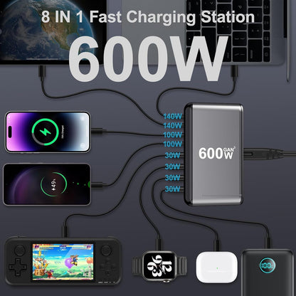 600W GaN USB-C Charging Station – 8-Port (5x USB-C + 3x USB-A) PD 3.1 140W