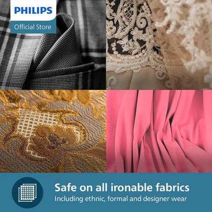 Collage of fabric types with Philips logo and text about fabric safety.