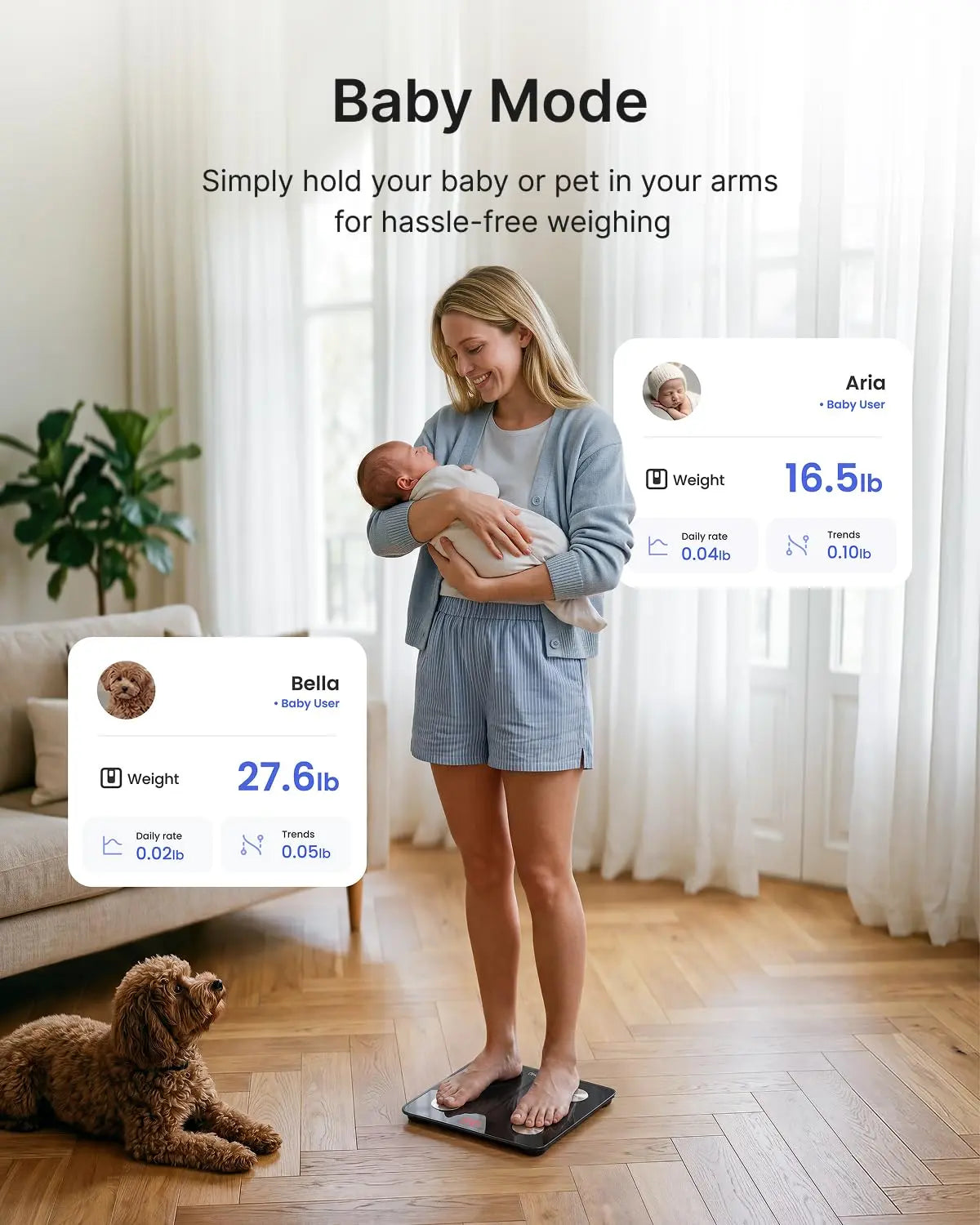 Woman holding a baby on a scale with digital display, dog sitting nearby, and 'Baby Mode' text.
