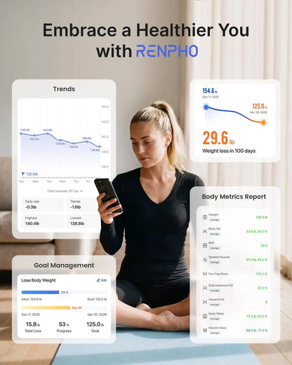 Woman using a smartphone with RENPHO health monitoring app on a tablet, in a home setting.