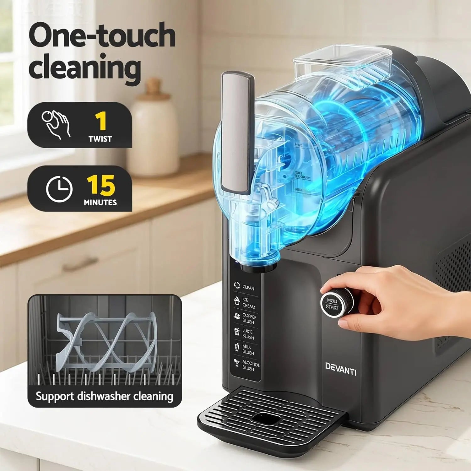 Devanti dishwasher cleaner with one-touch cleaning feature on a kitchen counter.