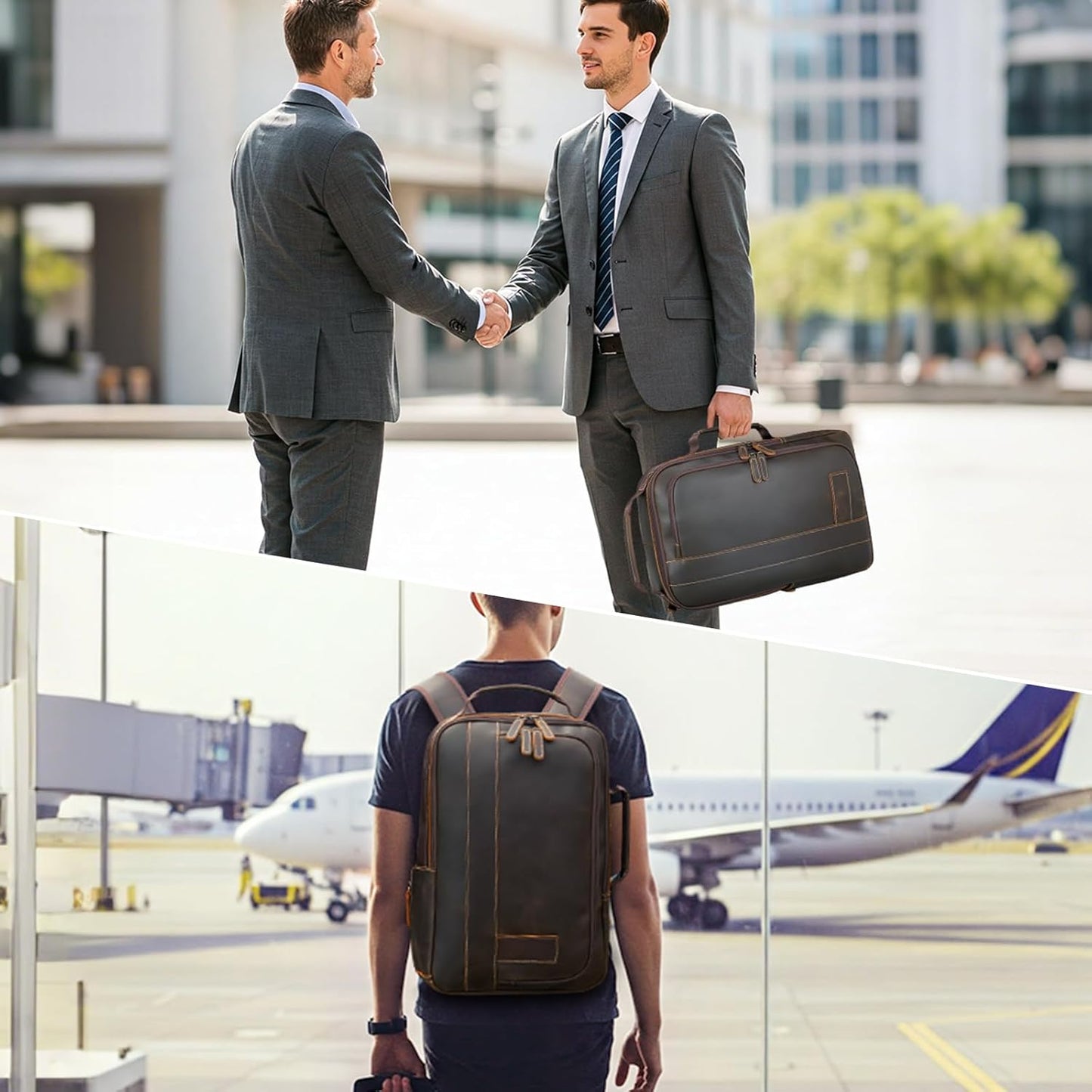 Two businessmen shaking hands with one holding a briefcase, and another person with a backpack at an airport.