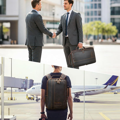 Two businessmen shaking hands with one holding a briefcase, and another person with a backpack at an airport.