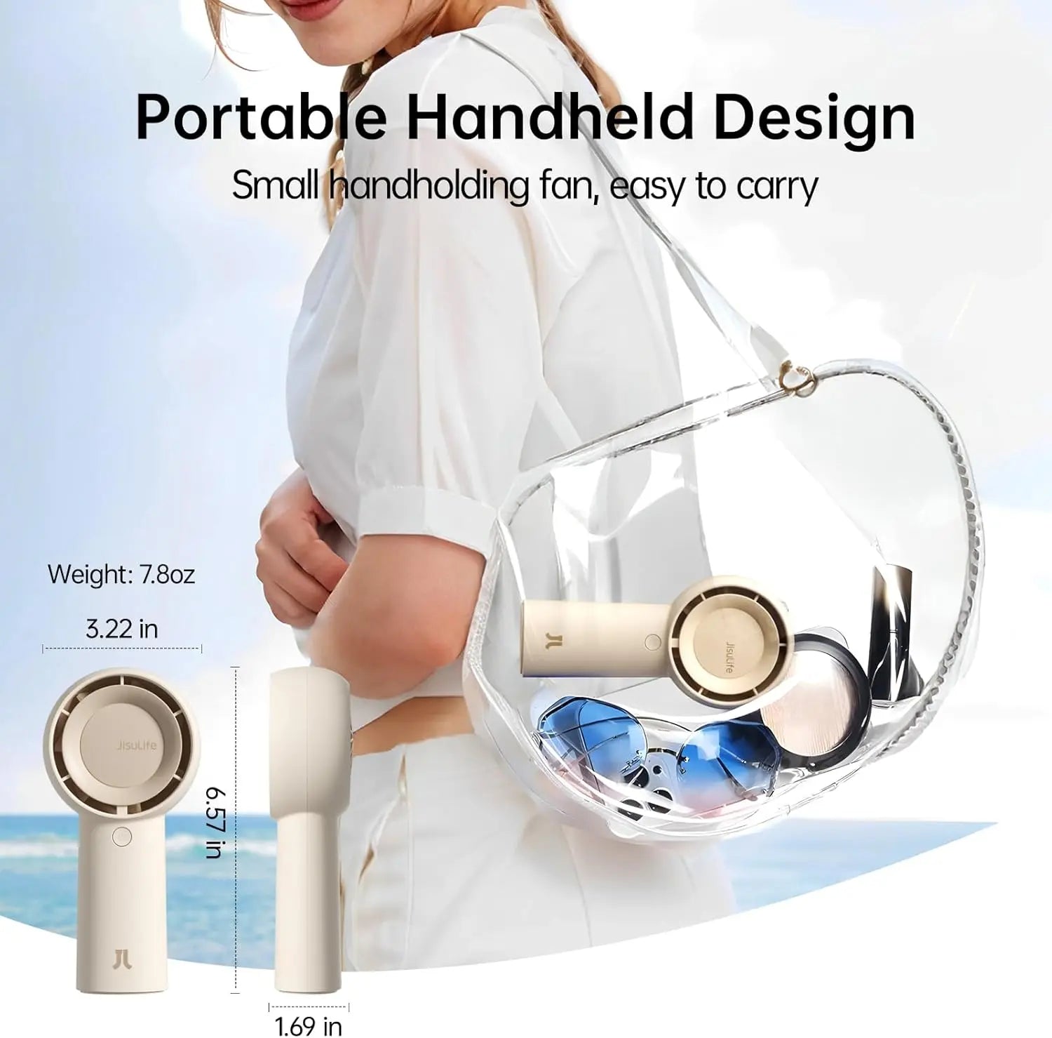 Handheld fan with clear carrying case, shown being held by a person against a light blue background.