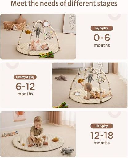 Baby play mat with toys for different age stages in a home setting.