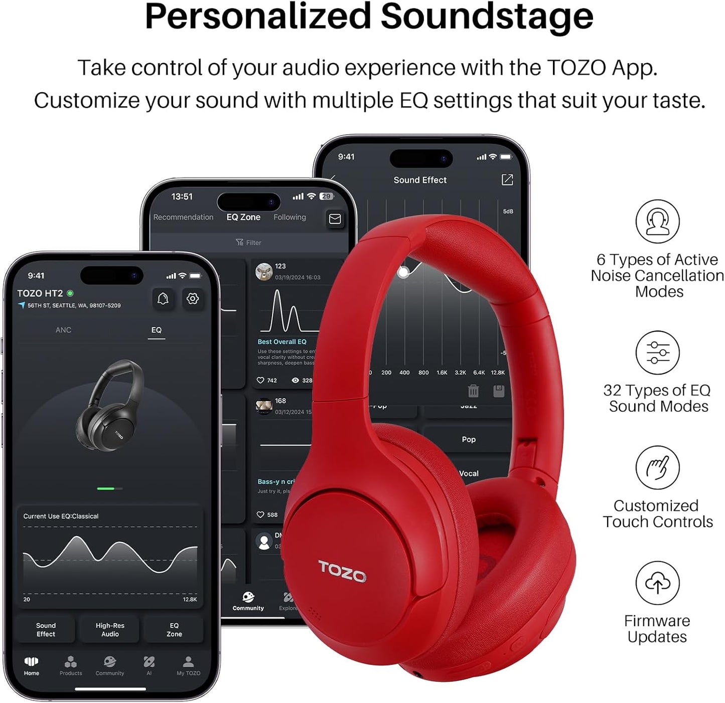 TOZO HT2 Over-Ear Bluetooth Headphones | Hybrid ANC, Hi-Res Audio, 60Hr Battery | 7 Colours AMZ Av8Store