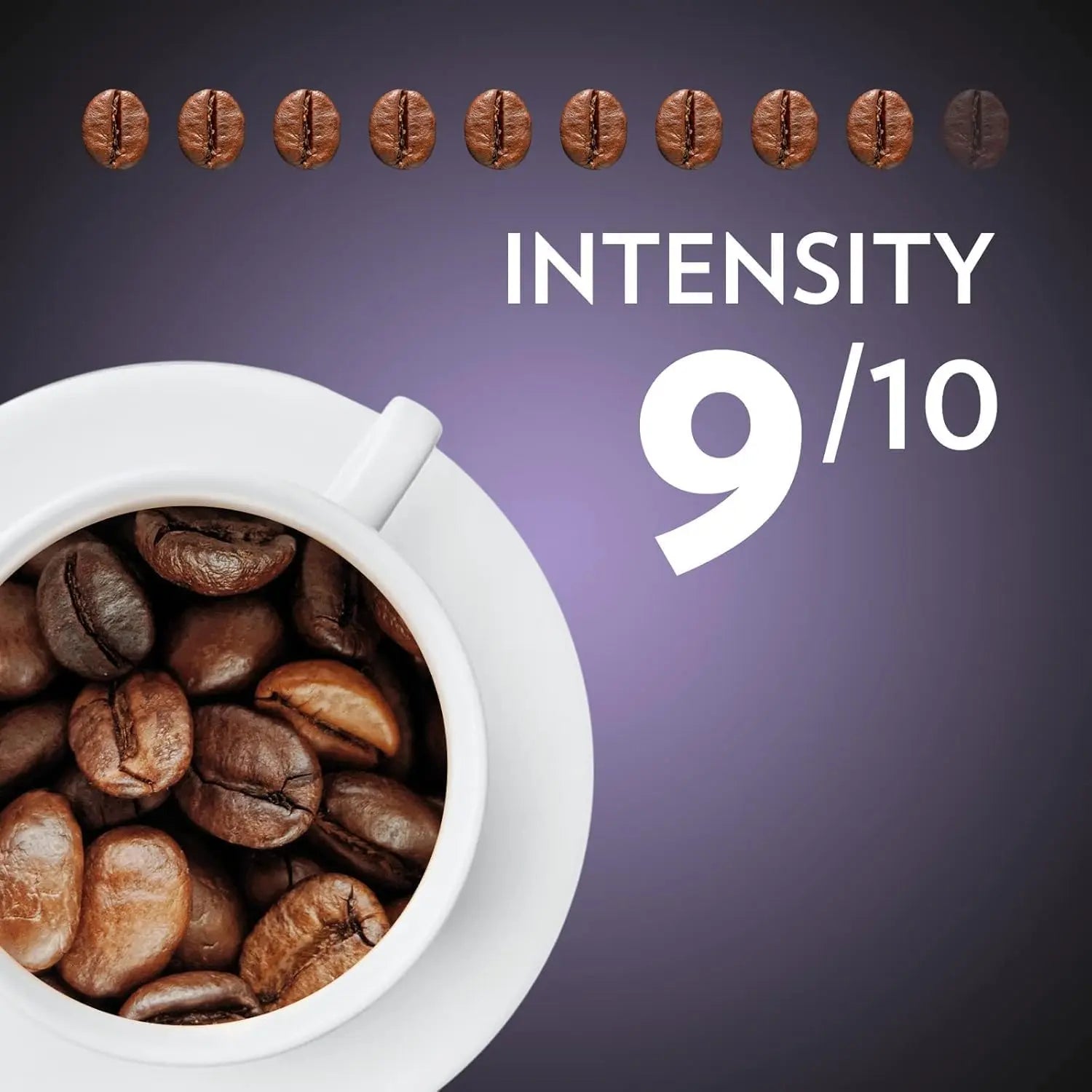 Cup filled with coffee beans and intensity rating '9/10' on a purple background