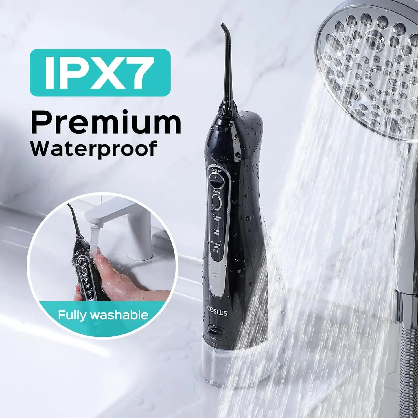 Black dental water flosser with shower head and IPX7 waterproof label on a white background