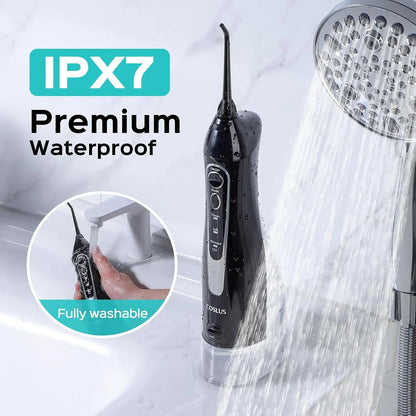Black dental water flosser with shower head and IPX7 waterproof label on a white background