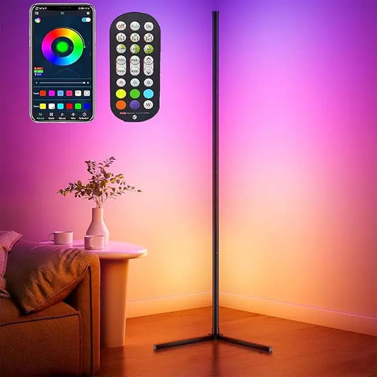 Smart floor lamp with color-changing capabilities shown in a room setting.