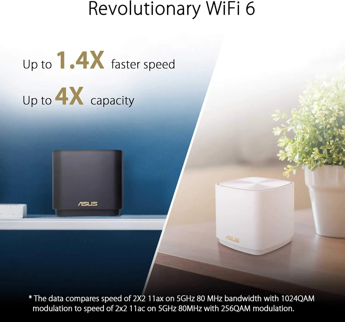 Two ASUS routers with text highlighting WiFi 6 features on a split-screen background.