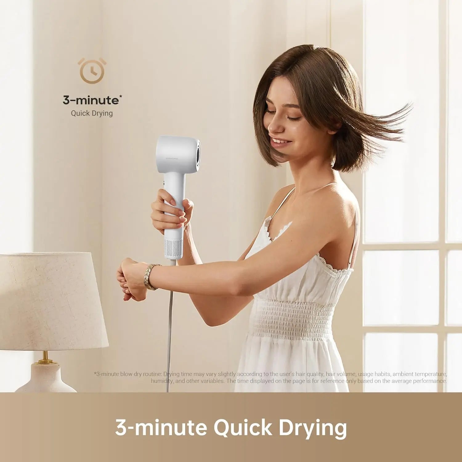 Woman using a hair dryer with '3-minute Quick Drying' text on a neutral background