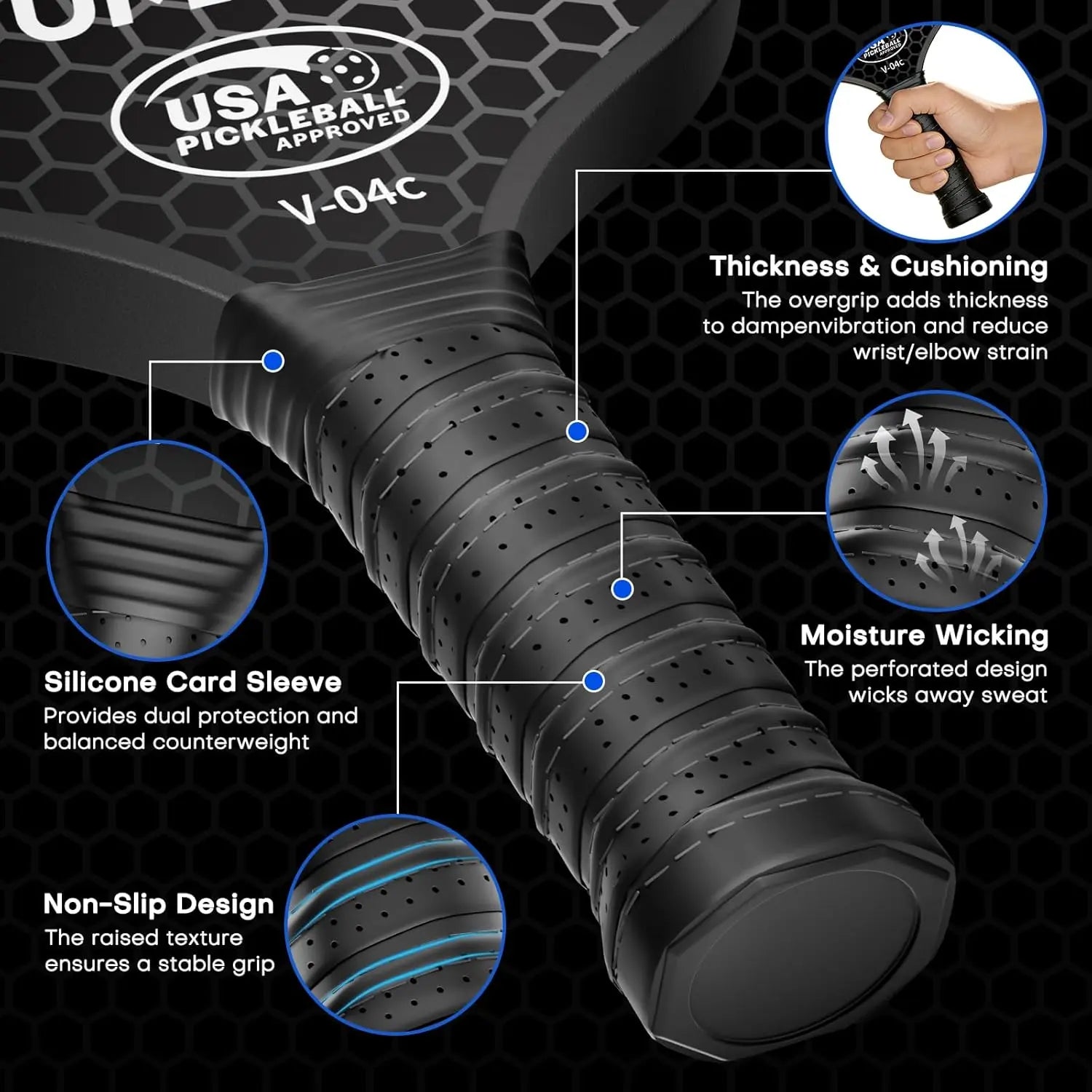 Black pickleball paddle with features highlighted on a black background
