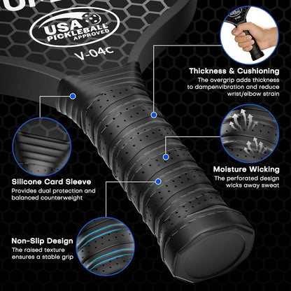 Black pickleball paddle with features highlighted on a black background