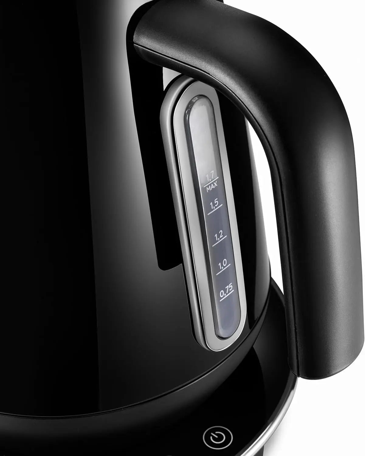 Black electric kettle with digital display on a white background