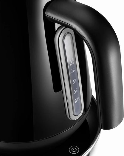 Black electric kettle with digital display on a white background