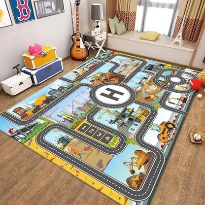 Children's play rug with road design and toy vehicles in a room setting