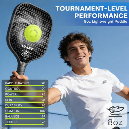Person holding a pickleball paddle with performance rating details against a blue sky.