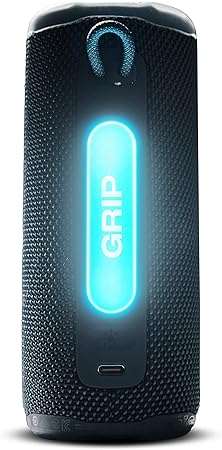 Black portable speaker with 'Grip' branding on a dark background